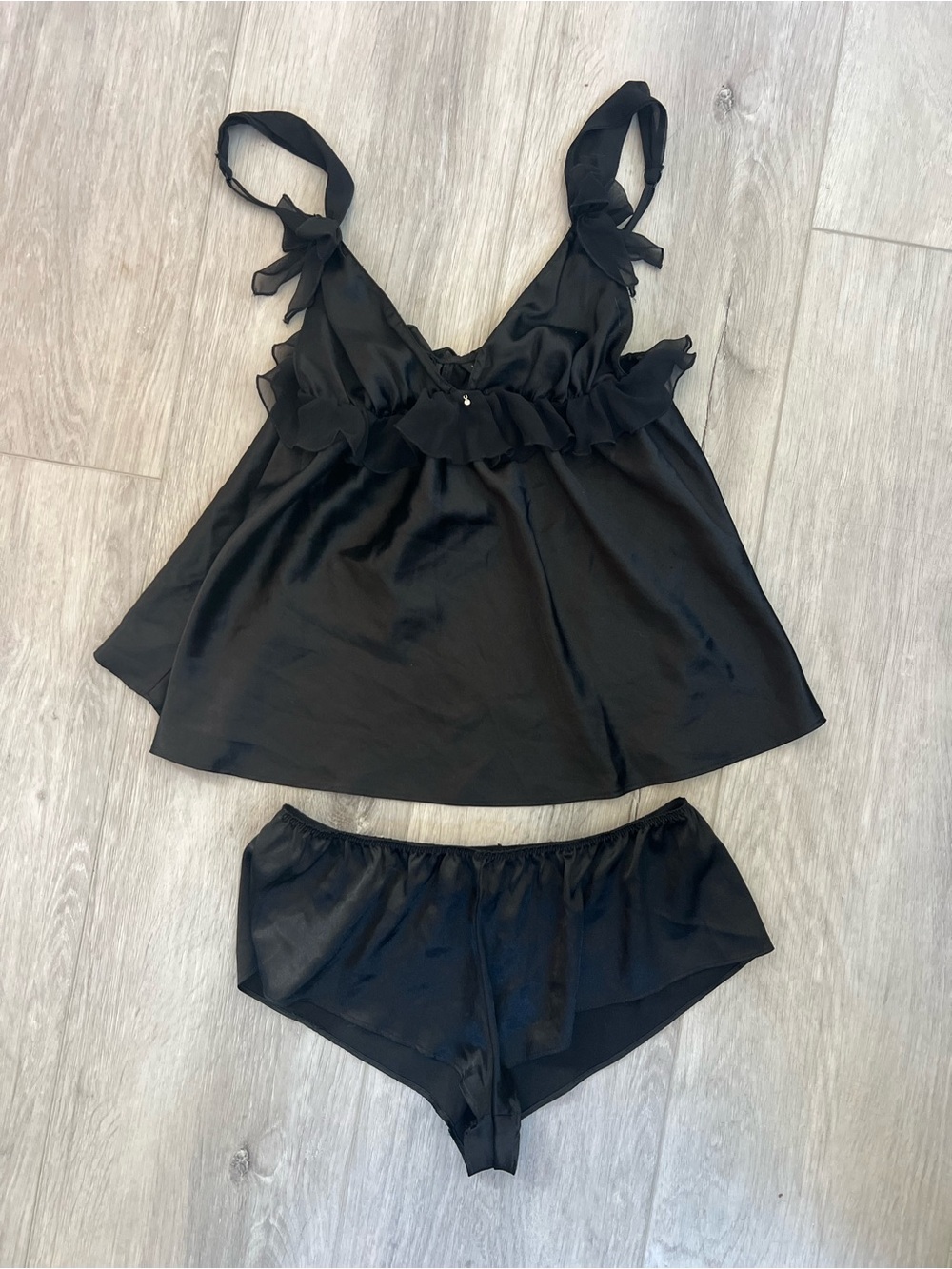 Victoria Secret Black Satin Ruffle Tie-Shoulder Cami & Short Sleep Set